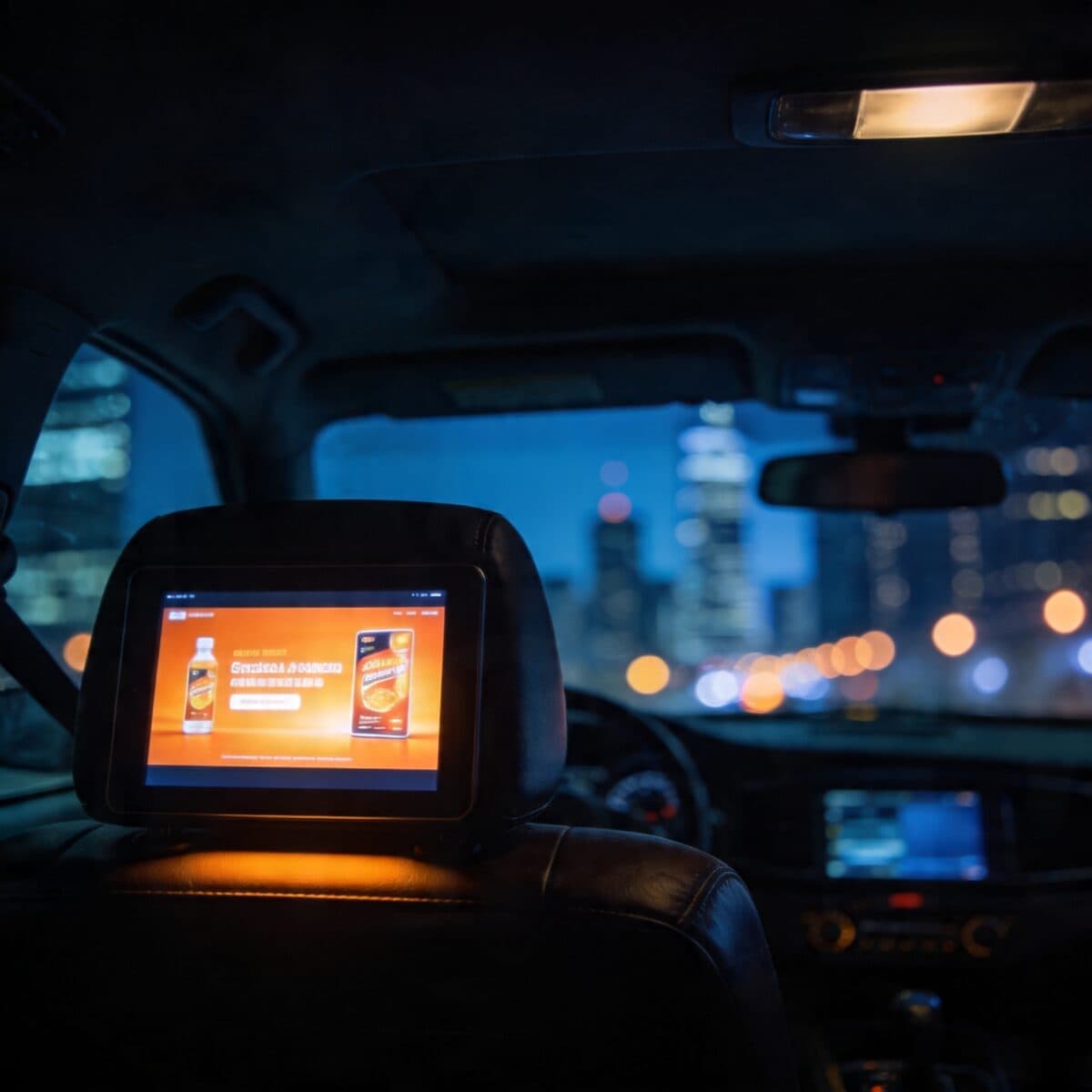 Interior de taxi por la noche con tablet en el reposacabezas mostrando un anuncio